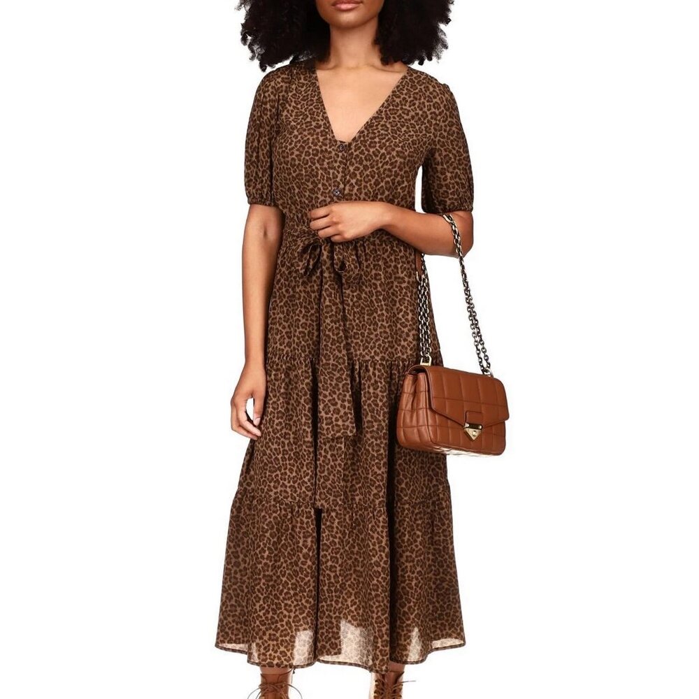 MICHAEL  Michael Kors Mid-Calf Bohemian Animal Print Brown Shift Dress M